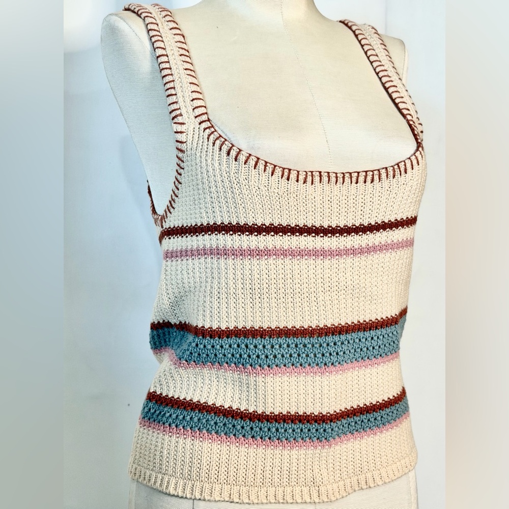 NWT Bishop & Young Cream Striped Knit Tank Top with Pink & Blue Accents